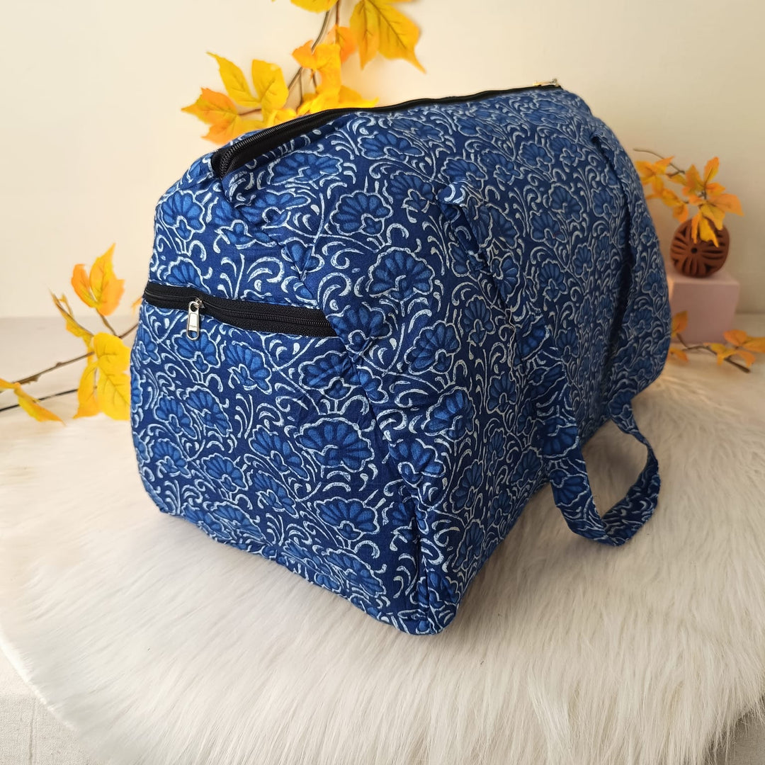 Weekender Travel Bag Blue with White Botanical Design.