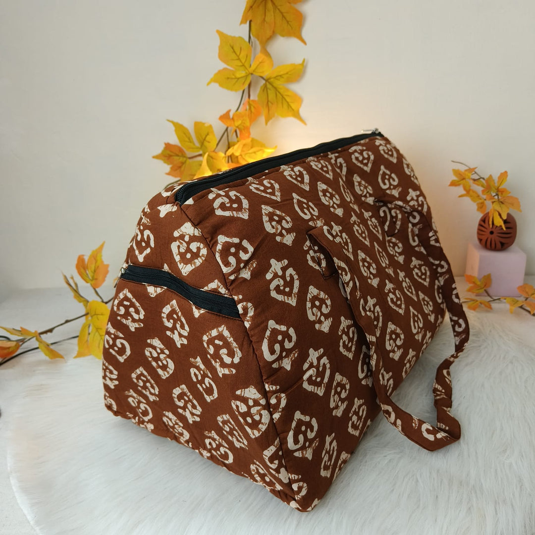 Weekender Travel Bag Brown With White Prints.