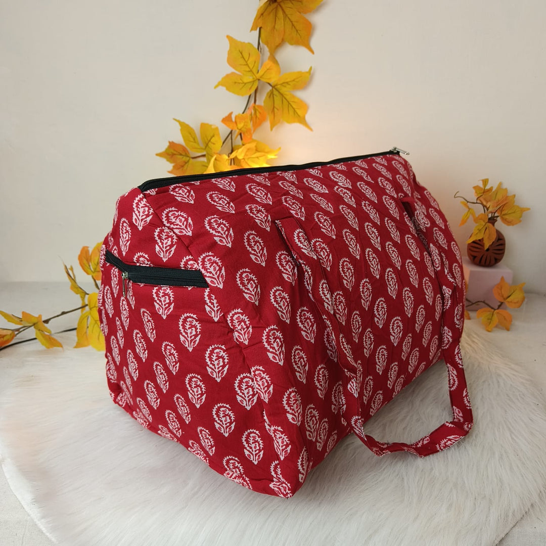 Weekender Travel Bag Red With White Floral Design.