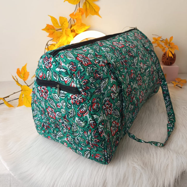 Weekender Travel Bag Green with Red Botanical Design.