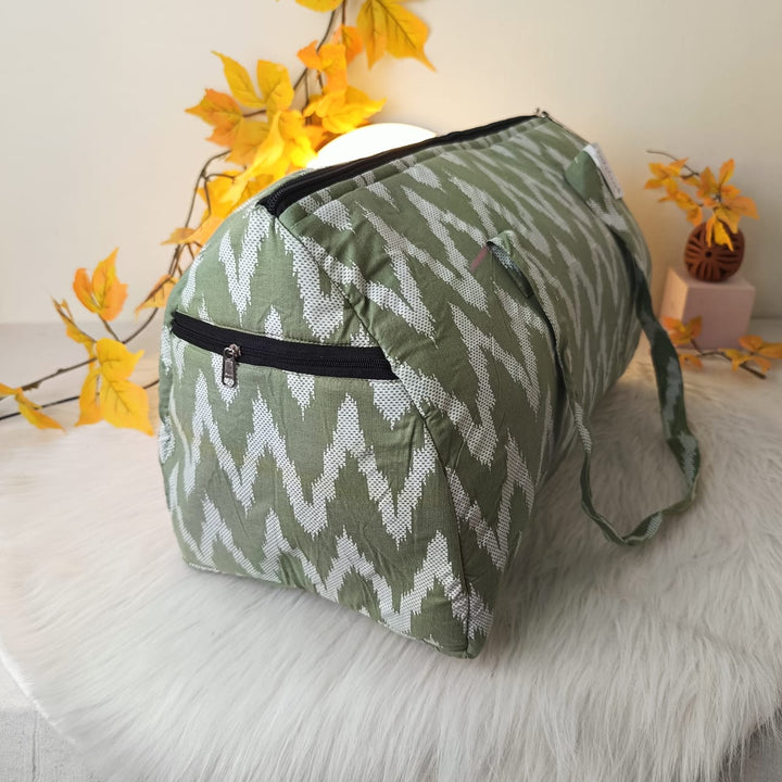 Weekender Travel Bag Green With White Zig Zag Design.