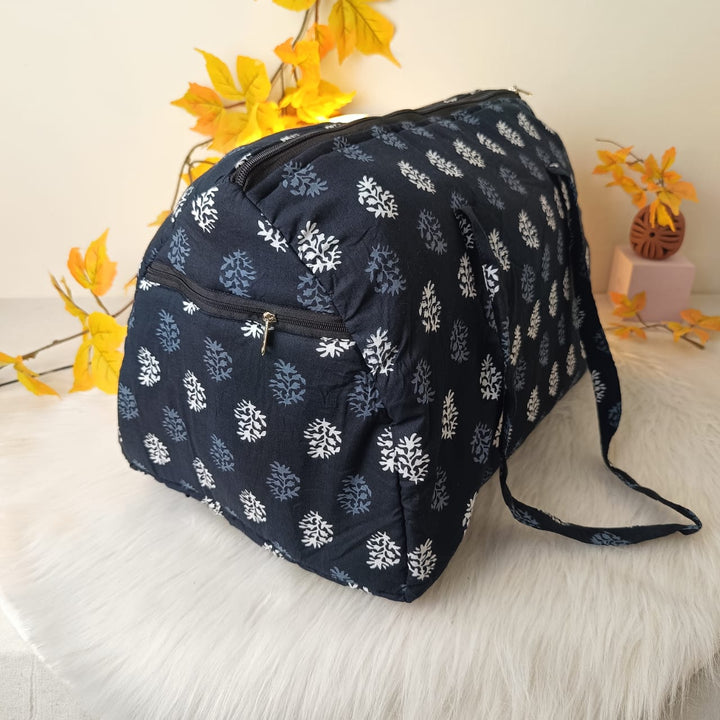 Weekender Travel Bag Black with White Flower Design.