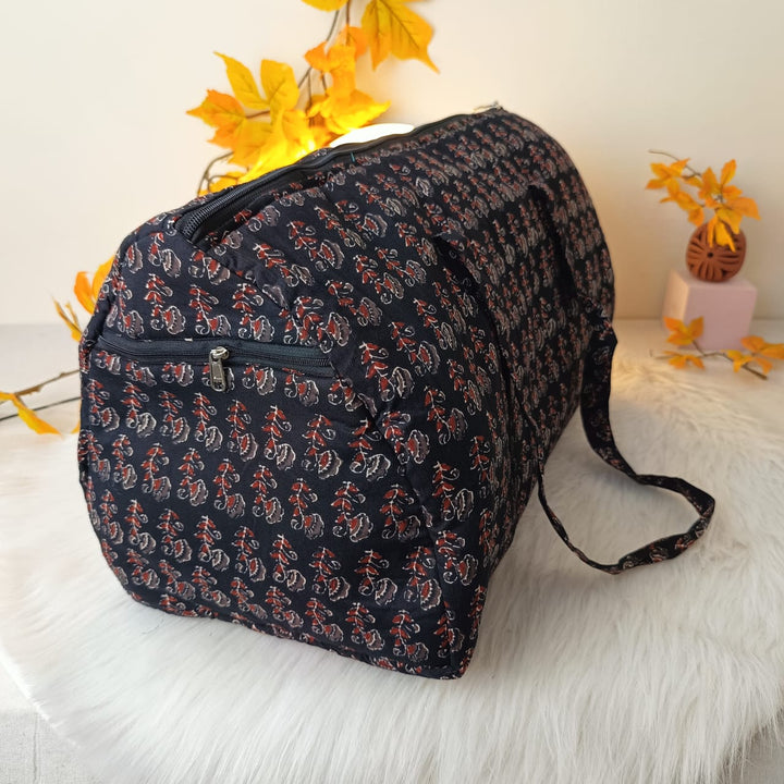 Weekender Travel Bag Black with Red Floral Design.