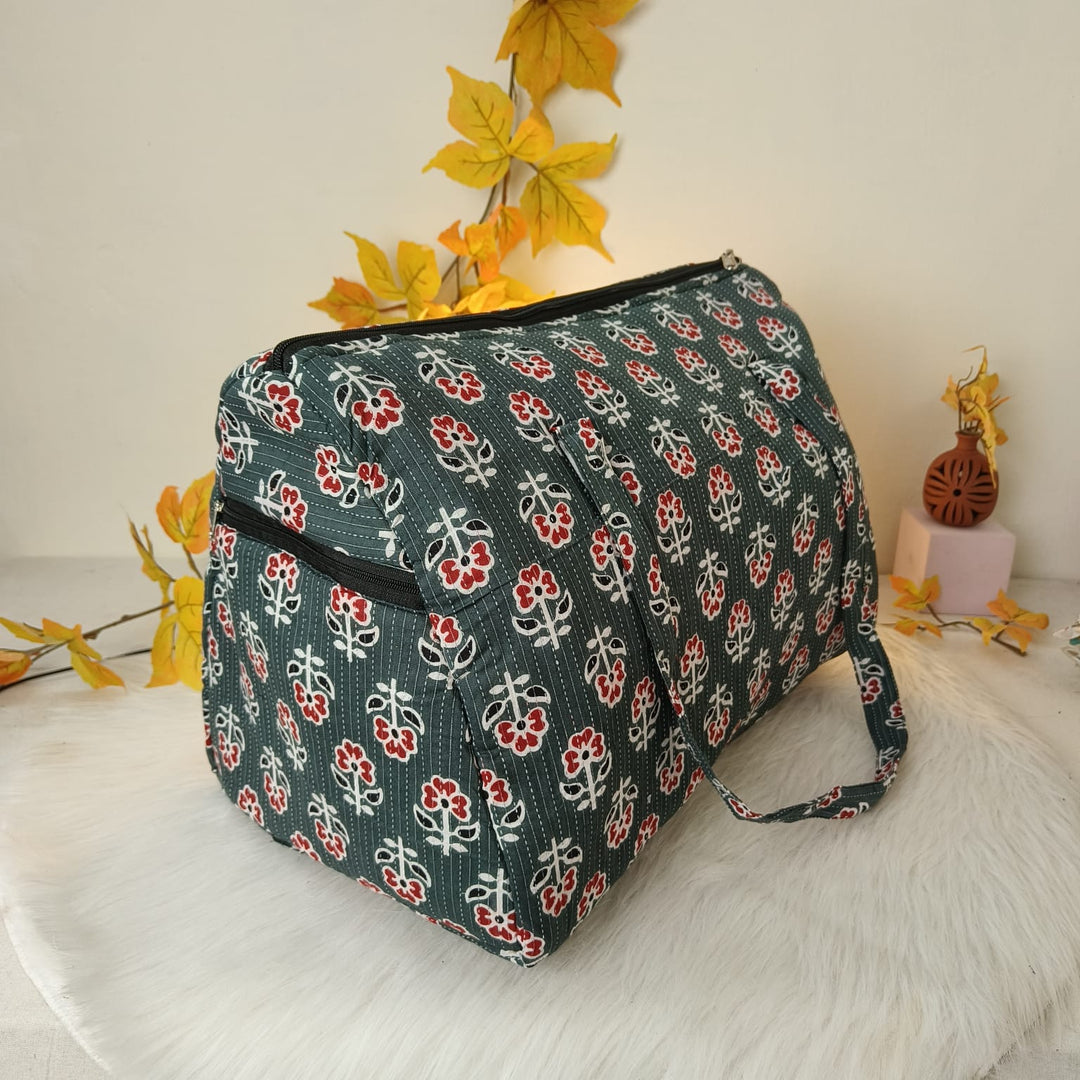 Weekender Travel Bag Grey With Red Floral Design.