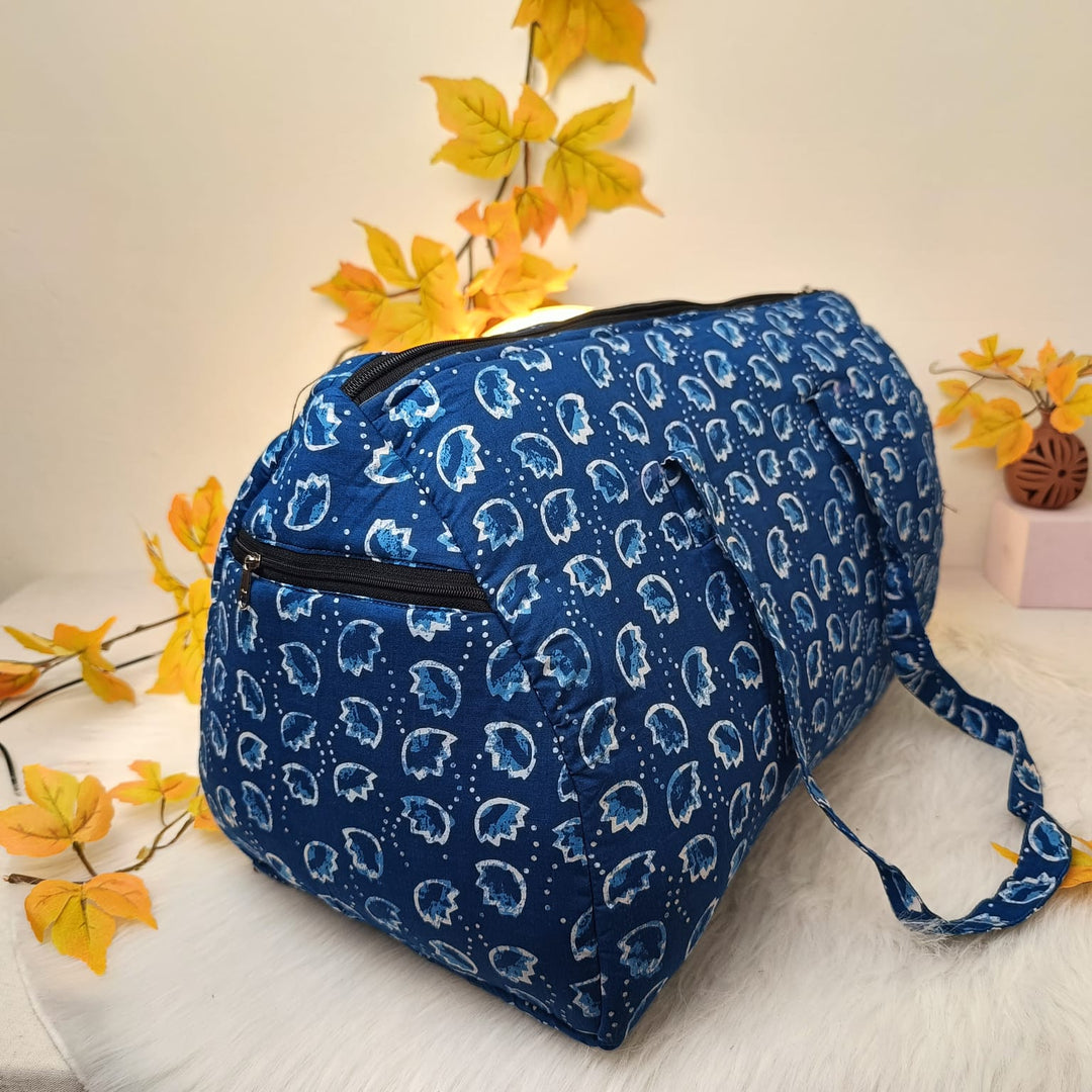 Weekender Travel Bag Blue With White Small Leaf Design.