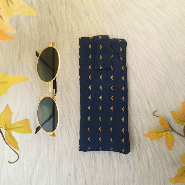 Sunglass Pouch Navy Blue with Yellow With Triangle Design.