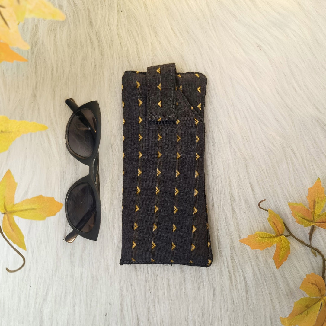 Sunglass Pouch Dark Grey with Yellow Triangle Design.