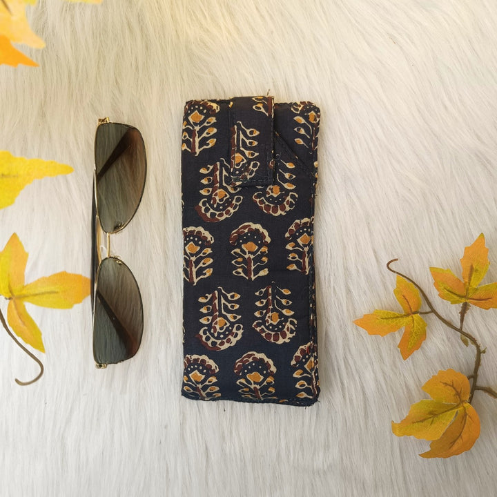 Sunglass Pouch Black with Yellow Flower Design.