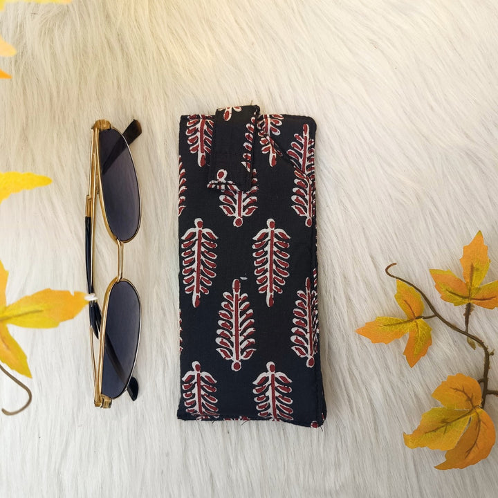 Sunglass Pouch Black With Red Floral Design.