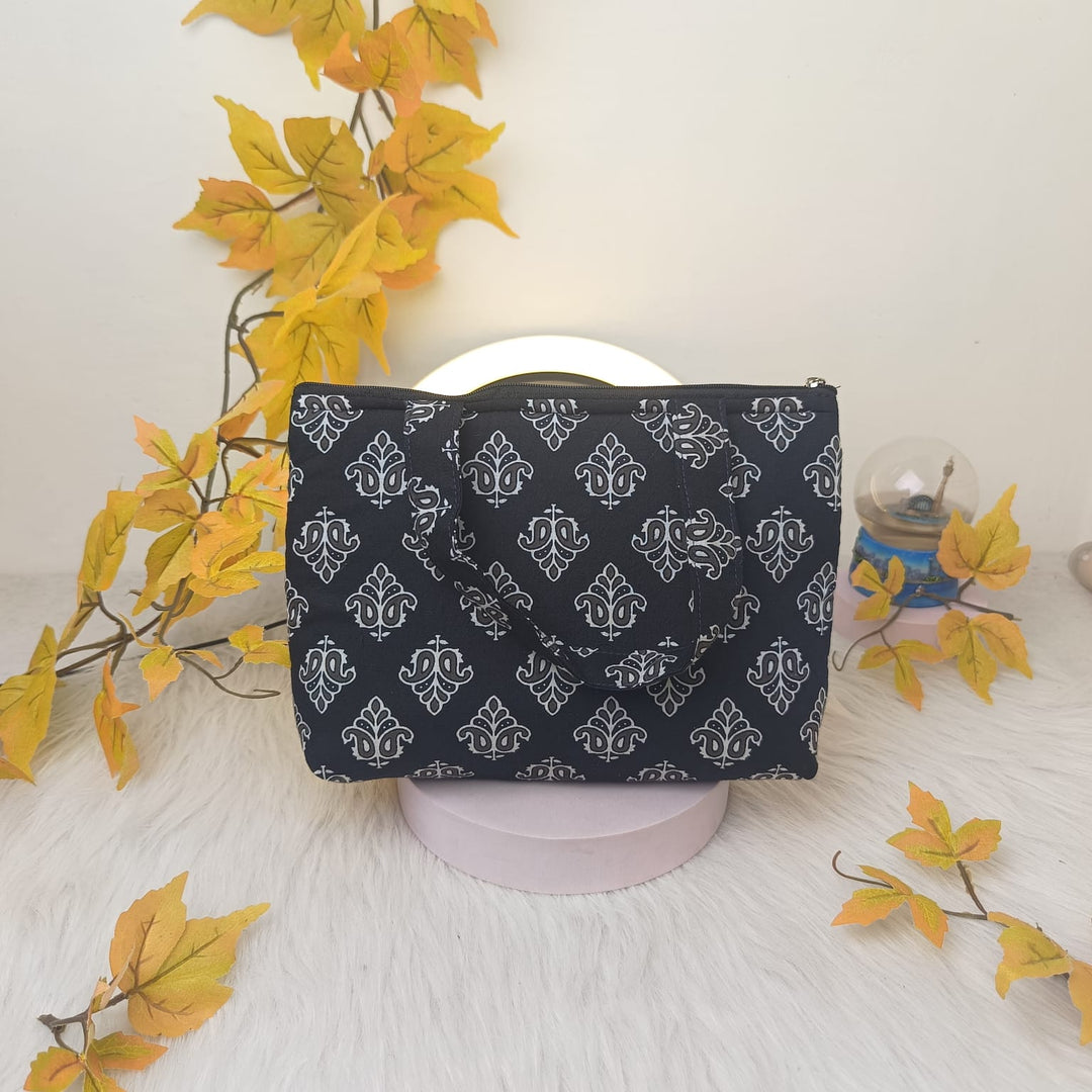 Bristlefront everyday handy bags Black With White Flower Design