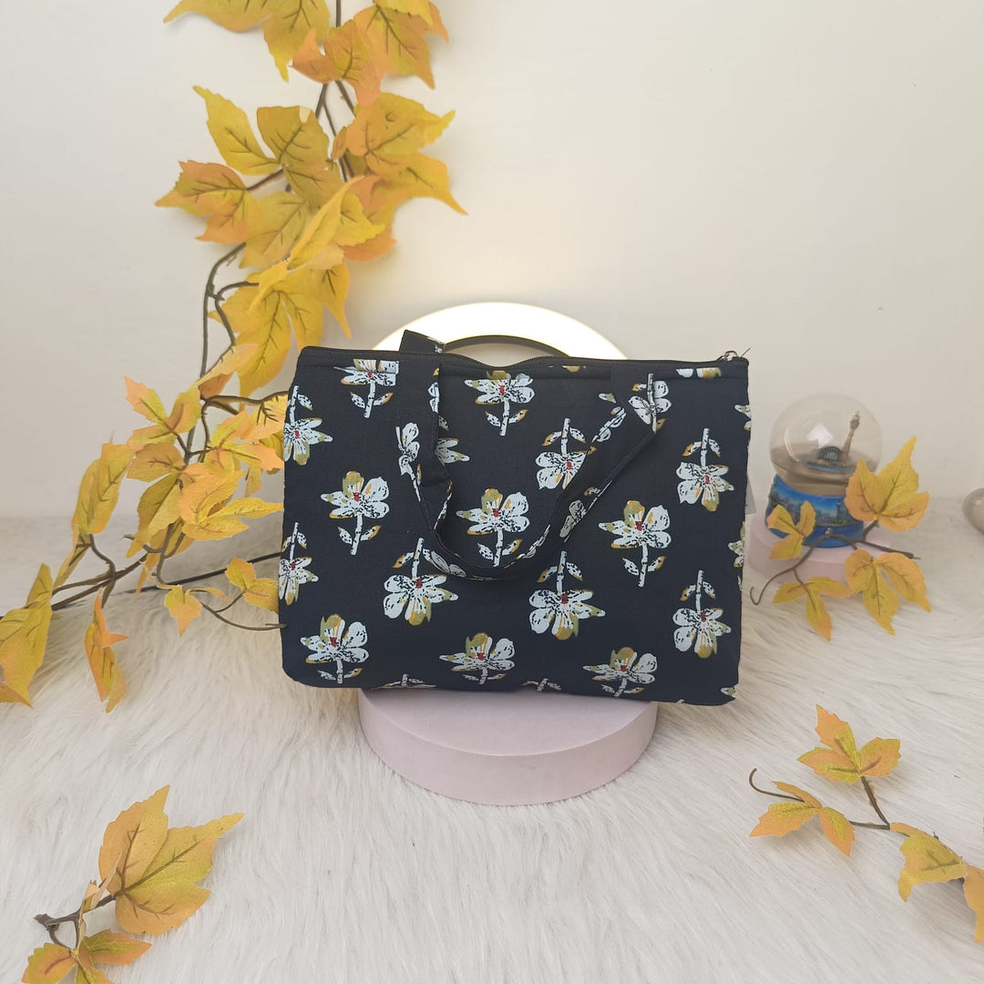 Bristlefront everyday handy bags Black Colour with White Flower Design