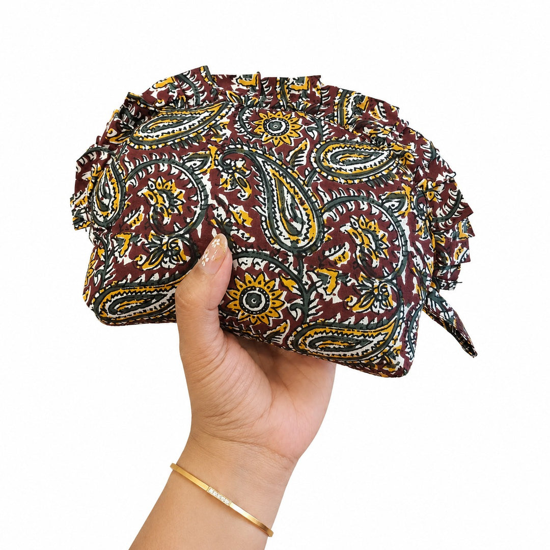 Frill Purse- green with kalamkari print