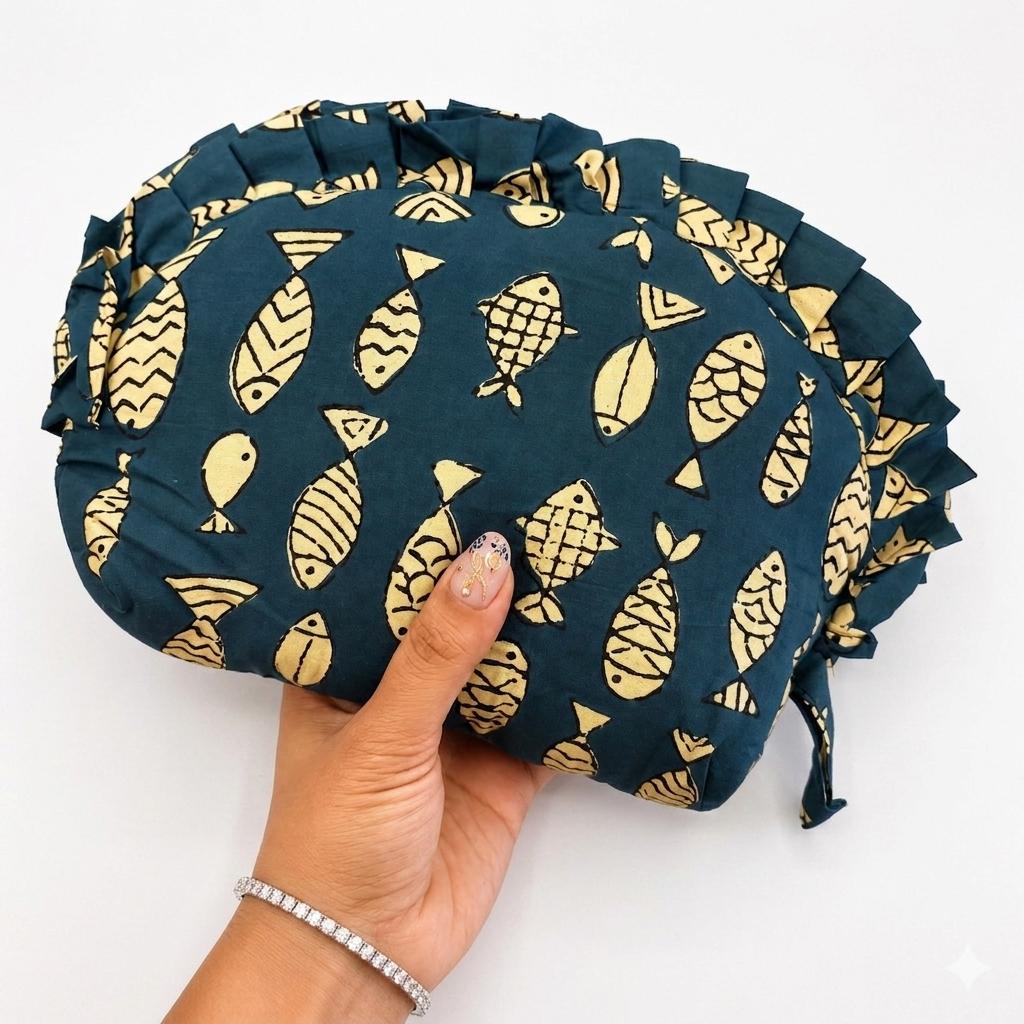 Frill Purse-dark indico  blue with fish print
