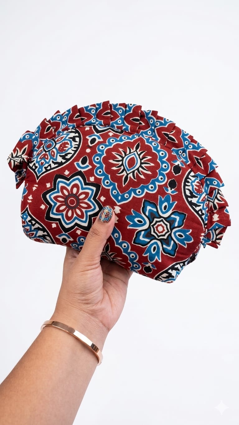 Frill Purse -maroon with rangoli print
