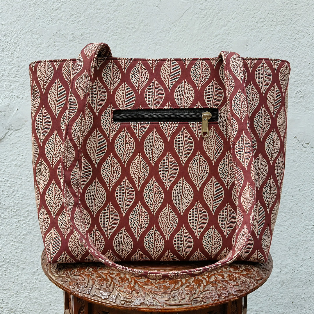 9Am to 5Pm tote maroon with leaf print
