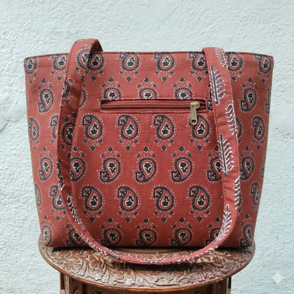 9Am to 5Pm tote Brown with mango print