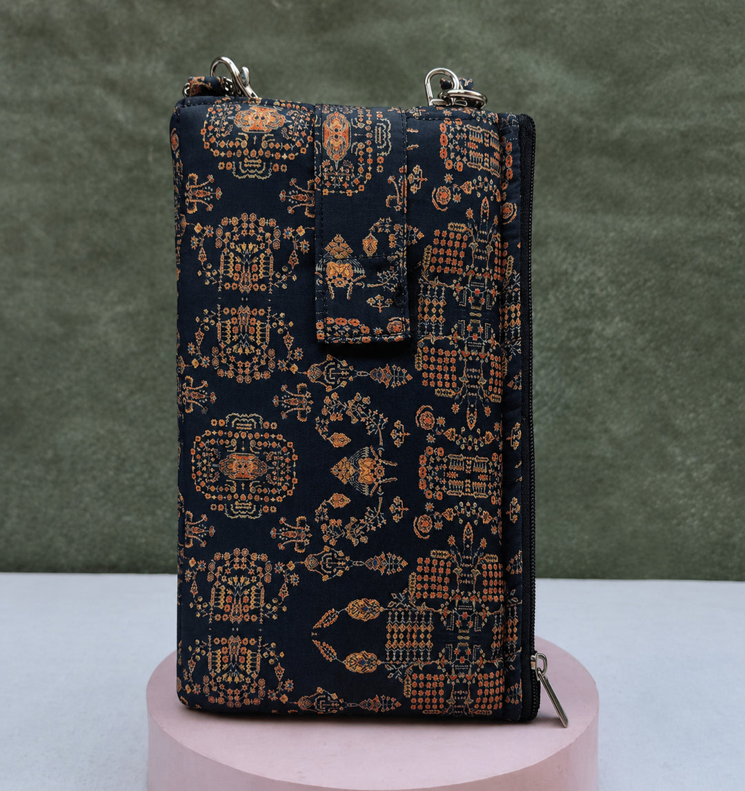 Wallet Cum Sling - black with small flower print