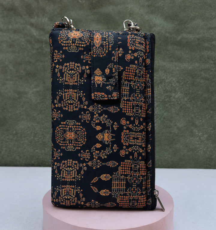 Wallet Cum Sling - black with small flower print