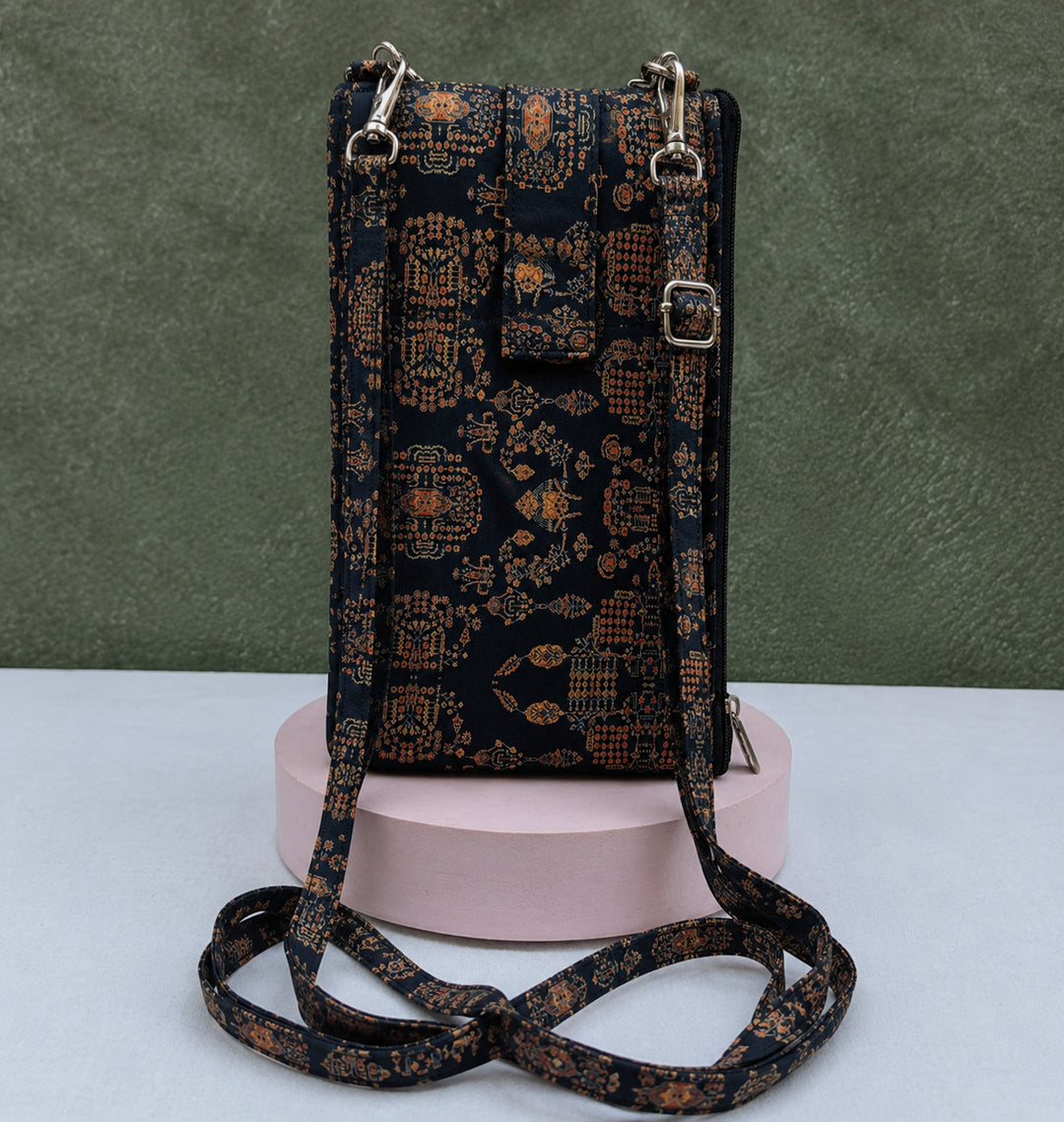 Wallet Cum Sling - black with small flower print