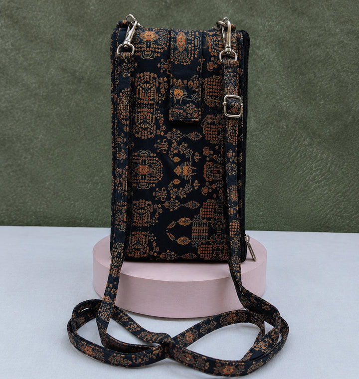 Wallet Cum Sling - black with small flower print