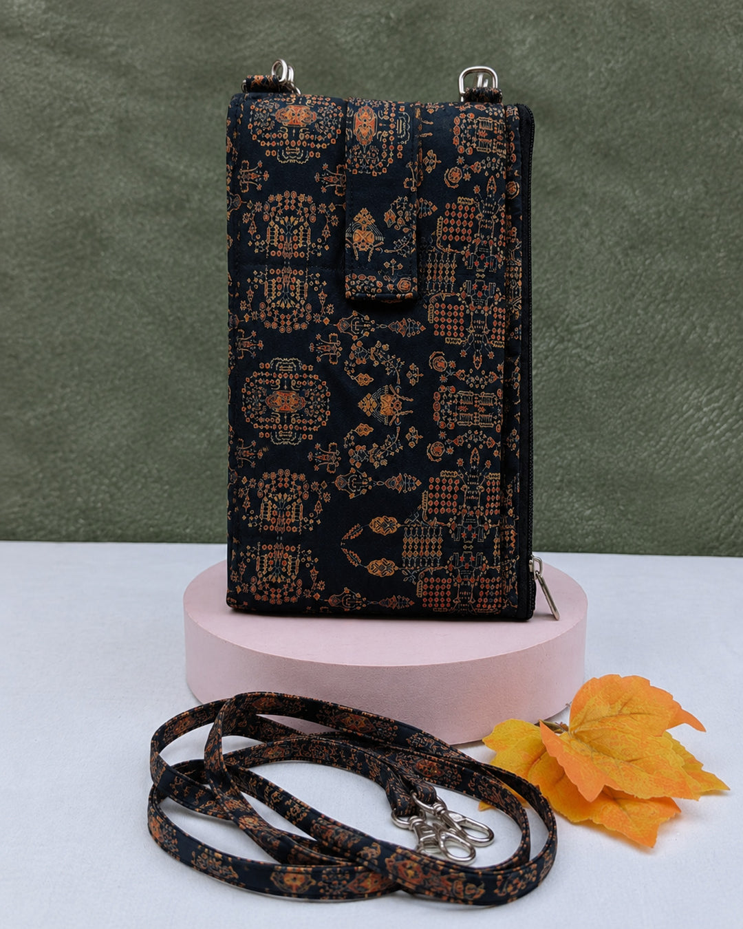 Wallet Cum Sling - black with small flower print