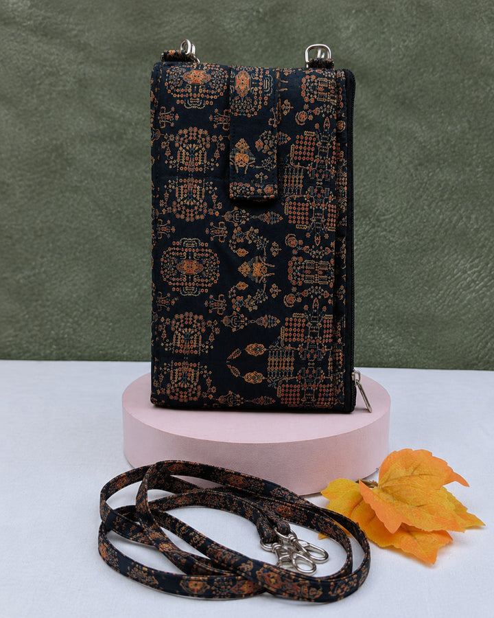 Wallet Cum Sling - black with small flower print