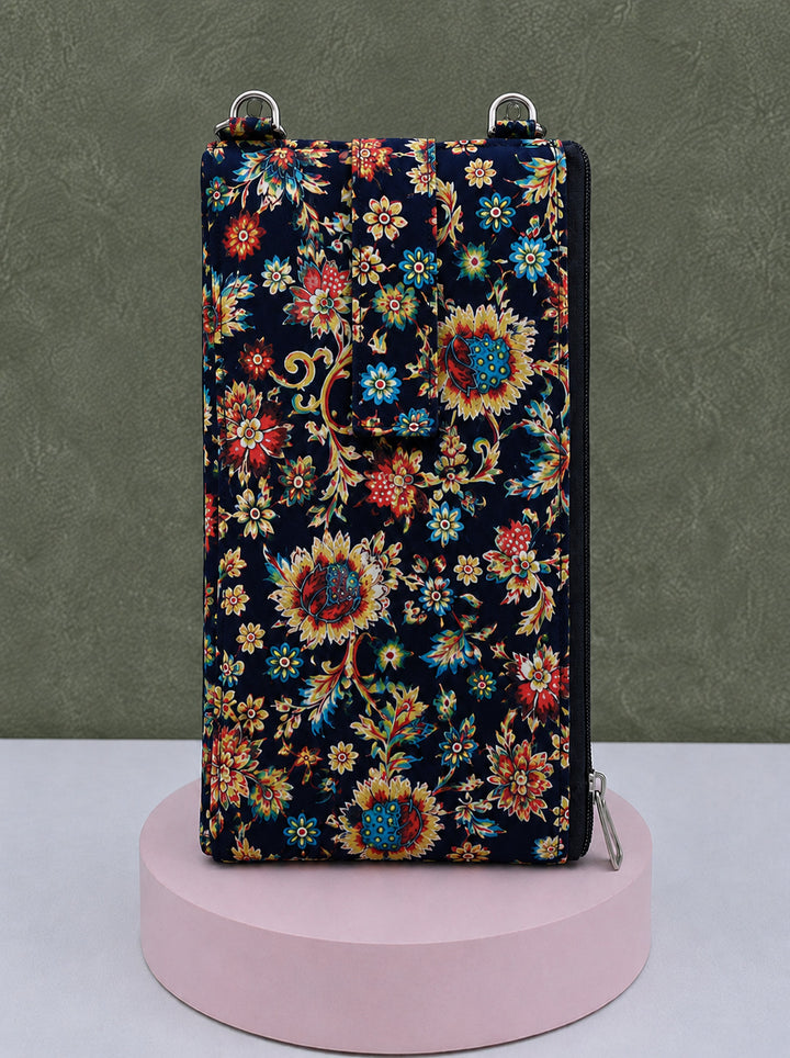 Wallet Cum Sling -dark blue with flower print