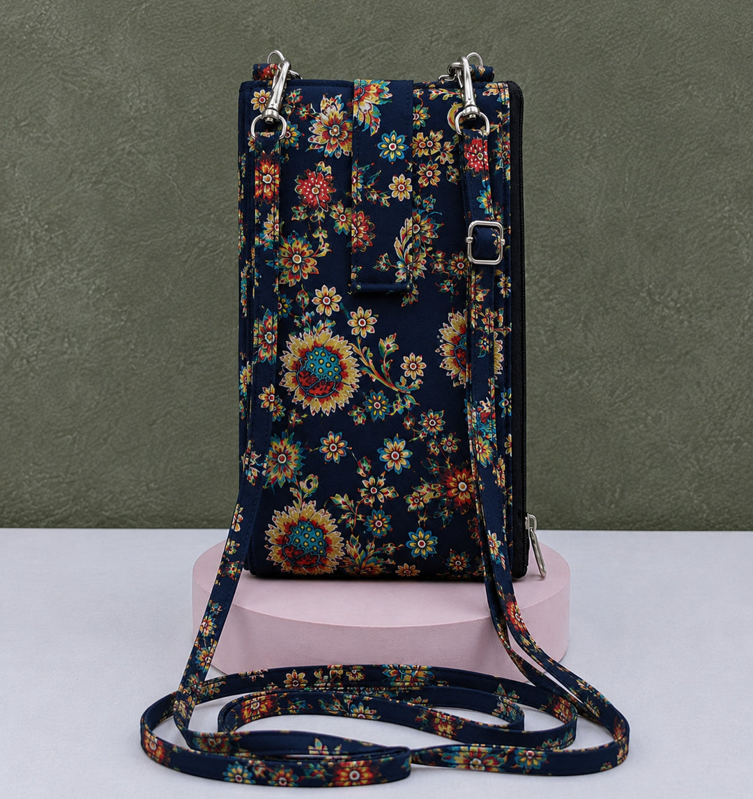 Wallet Cum Sling -dark blue with flower print