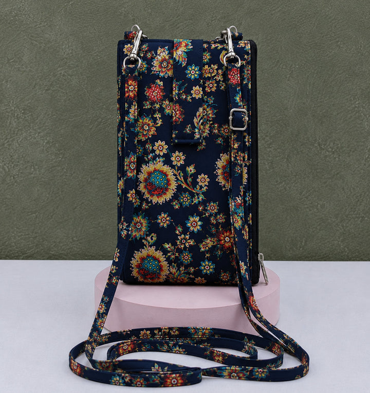 Wallet Cum Sling -dark blue with flower print
