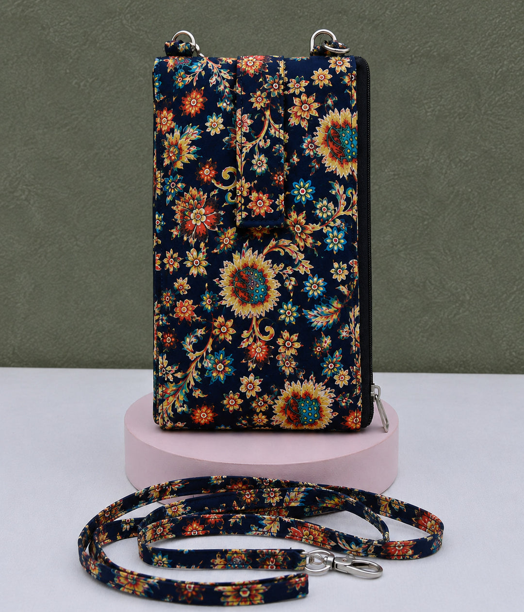Wallet Cum Sling -dark blue with flower print