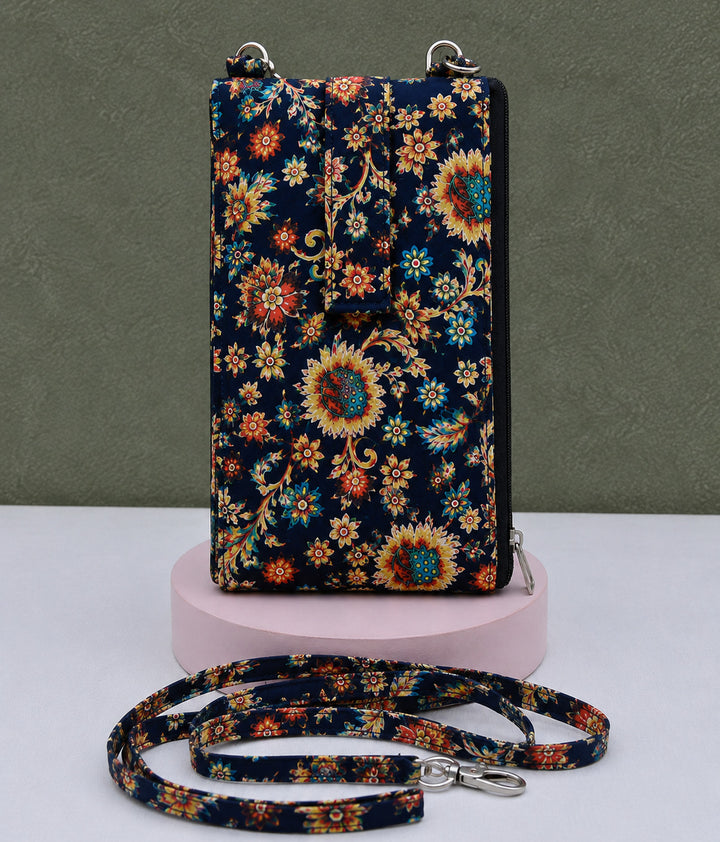 Wallet Cum Sling -dark blue with flower print