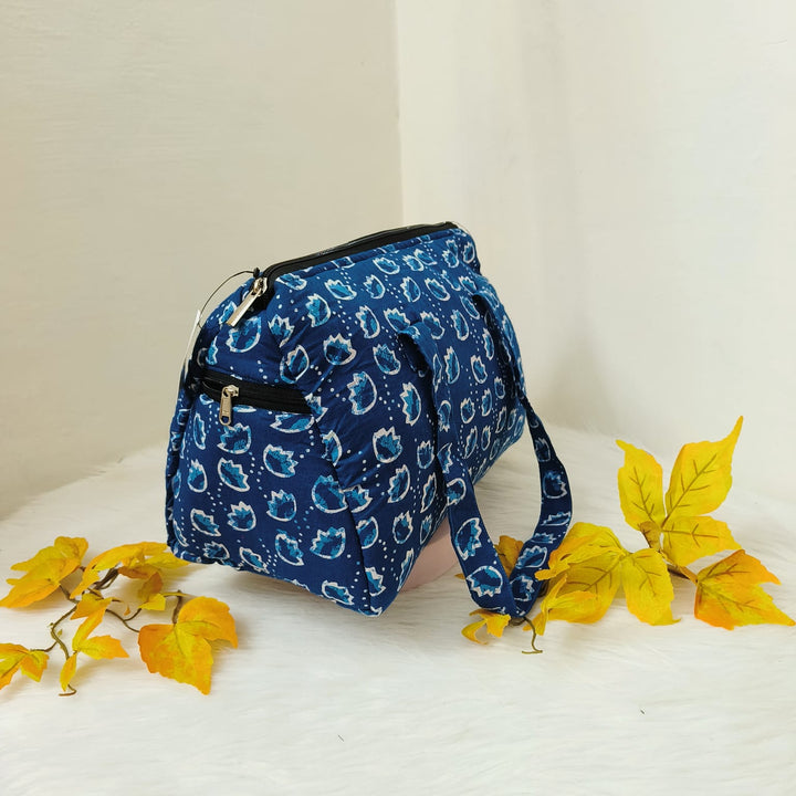 Barrel Handbags Blue Colour with Botanical Design