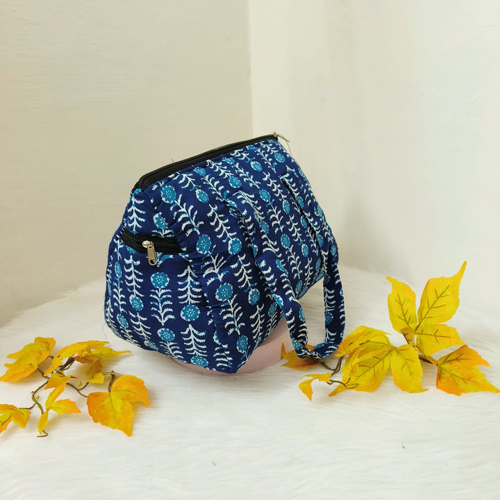 Barrel Handbags Blue Colour with Floral Prints.