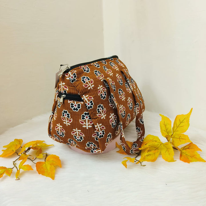 Barrel Handbags Brown Colour with Floral Design