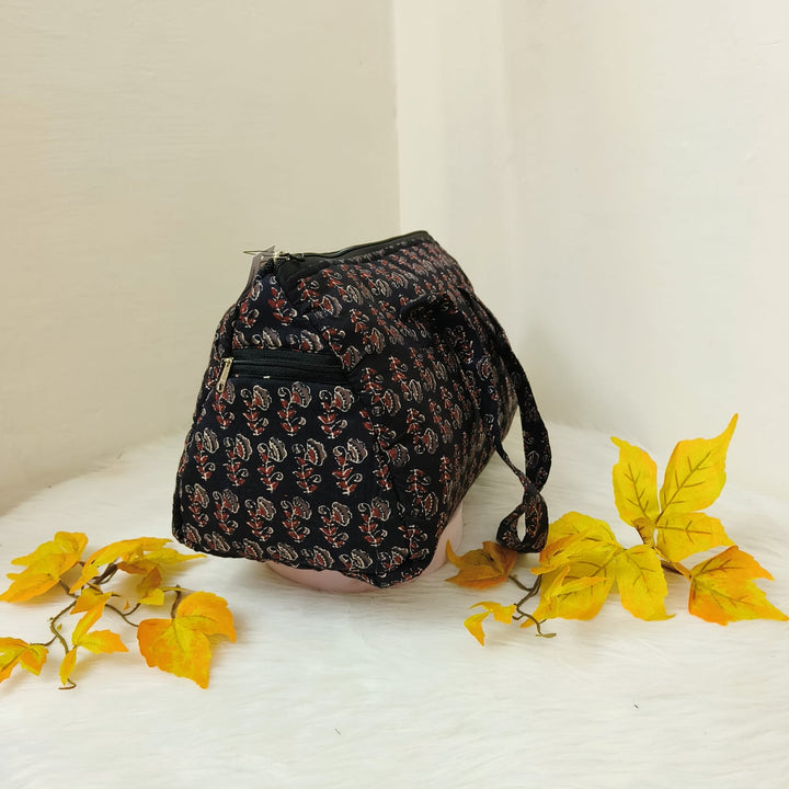 Barrel Handbags Black with Floral Ditsy Design