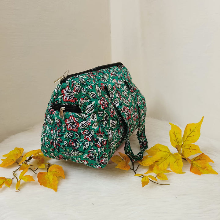 Barrel Handbags Green Colour with Leaf Design.