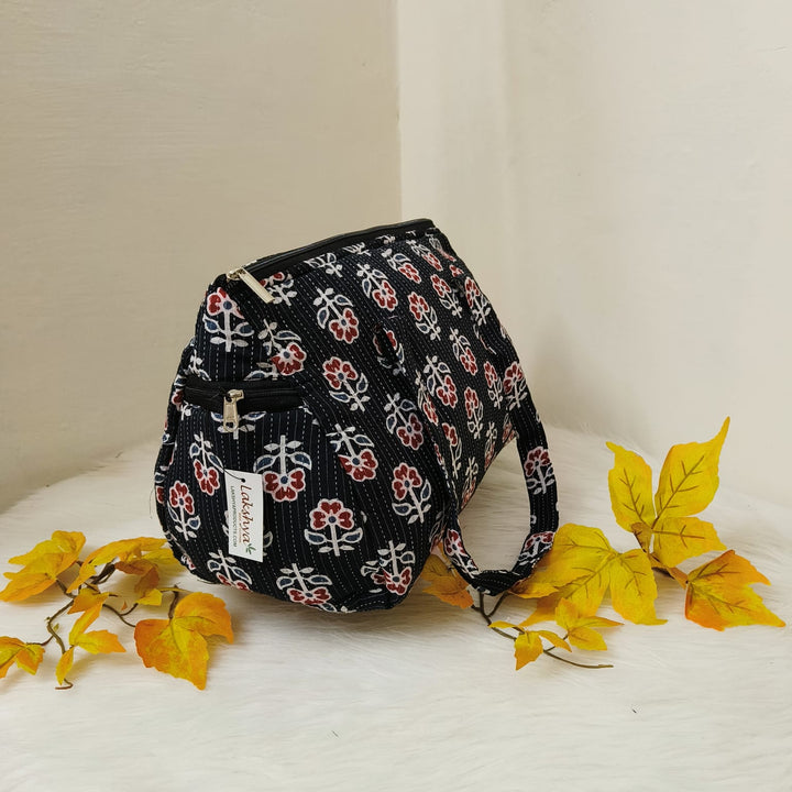 Barrel Handbags Black with Small Flower Design.