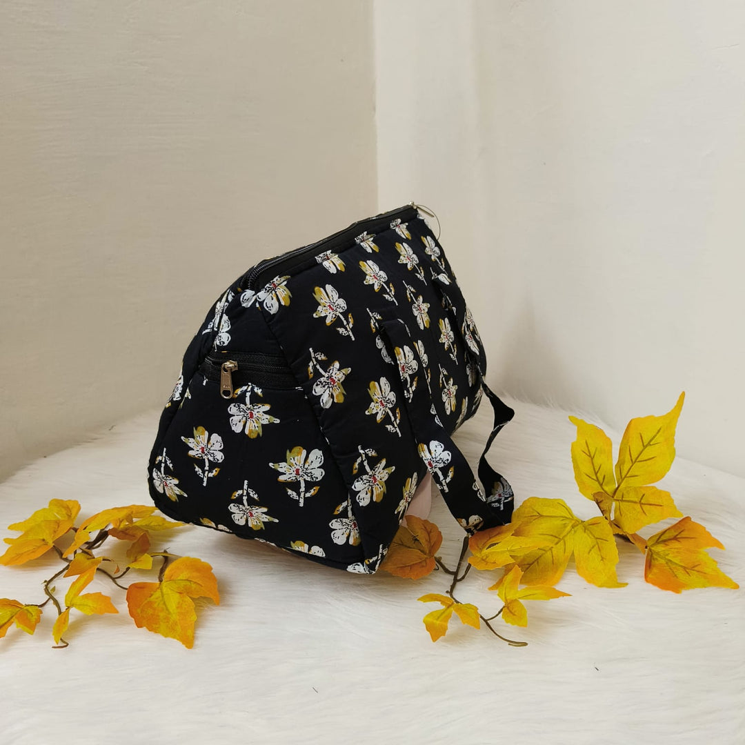 Barrel Handbags Black Colour with Botanical Floral Design