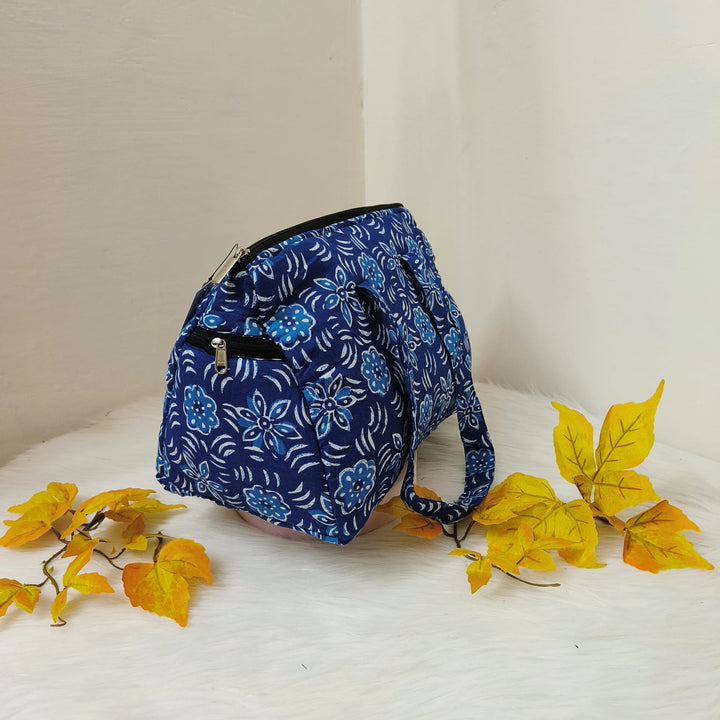 Barrel Handbags Dark Blue Colour with Botanical Floral Design