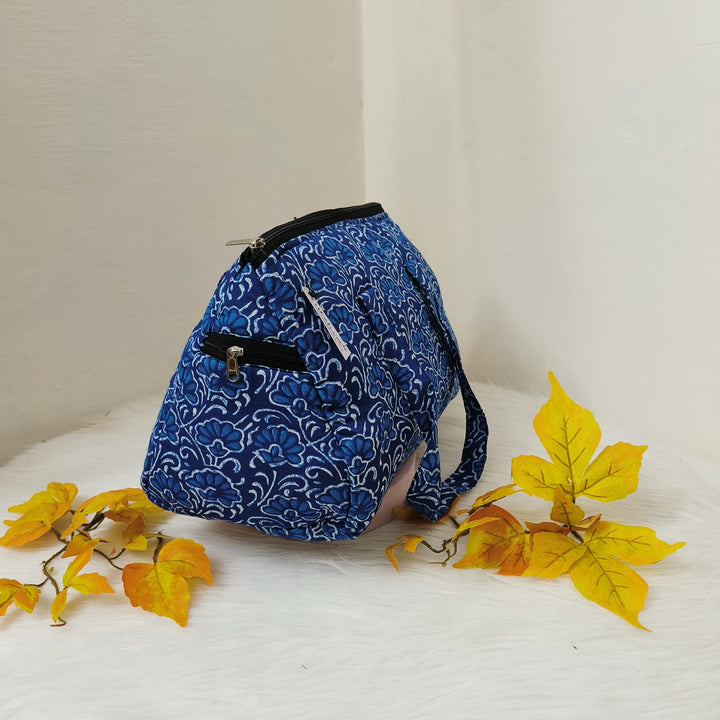 Barrel Handbags Blue with White Botanical Floral Design