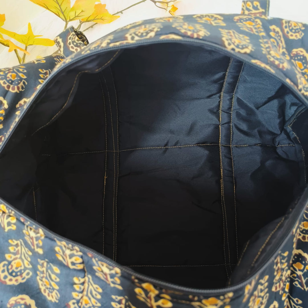 Rectangle Travel Bag Black With Yellow Floral Design.