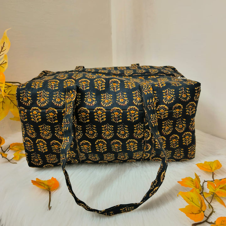 Rectangle Travel Bag Black With Yellow Floral Design.