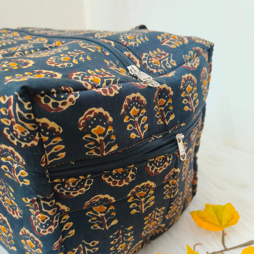 Rectangle Travel Bag Black With Yellow Floral Design.