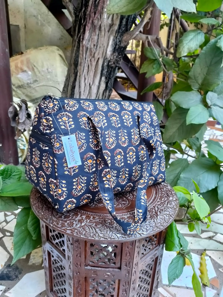 Barrel Handbags Black Ajarkh Print