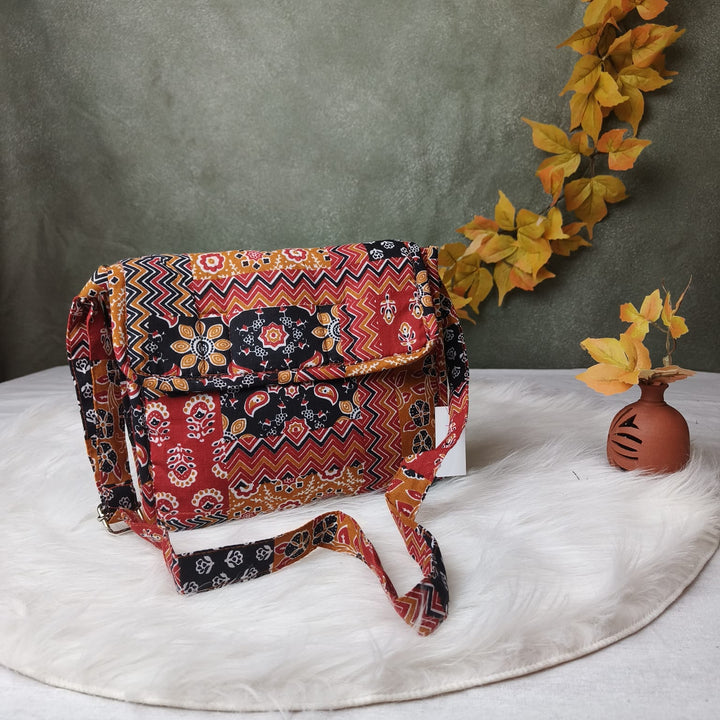 Multizipper Sling 4 Zips Rust Moghul Print