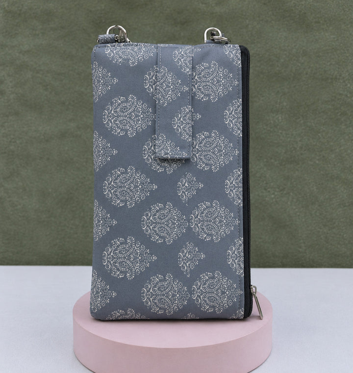 Wallet Cum Sling - grey with flower print