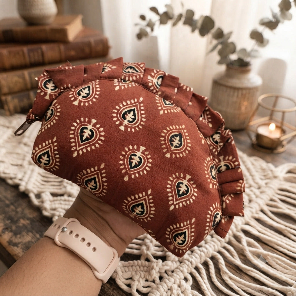 Frill Purse- Terracotta Motif Kalamkari