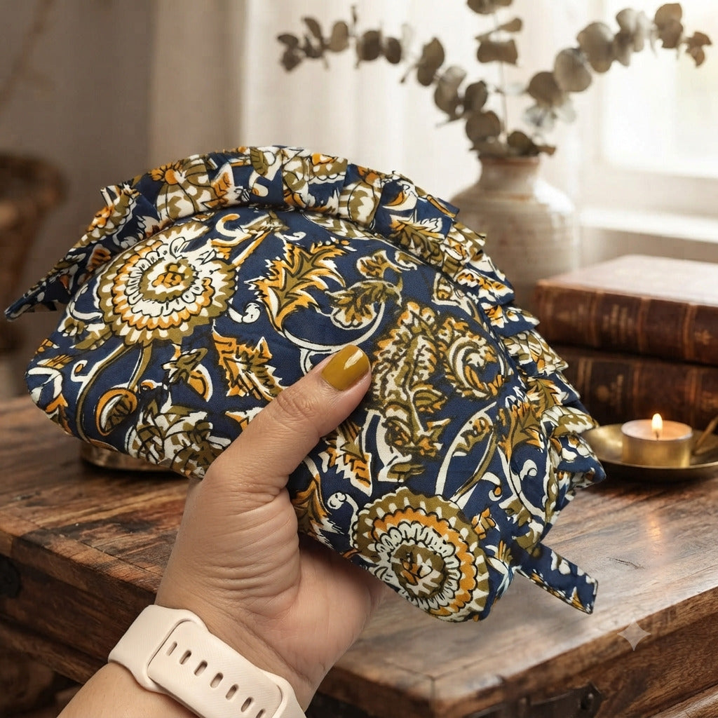 Frill Purse- Blue & Gold Floral Kalamkari