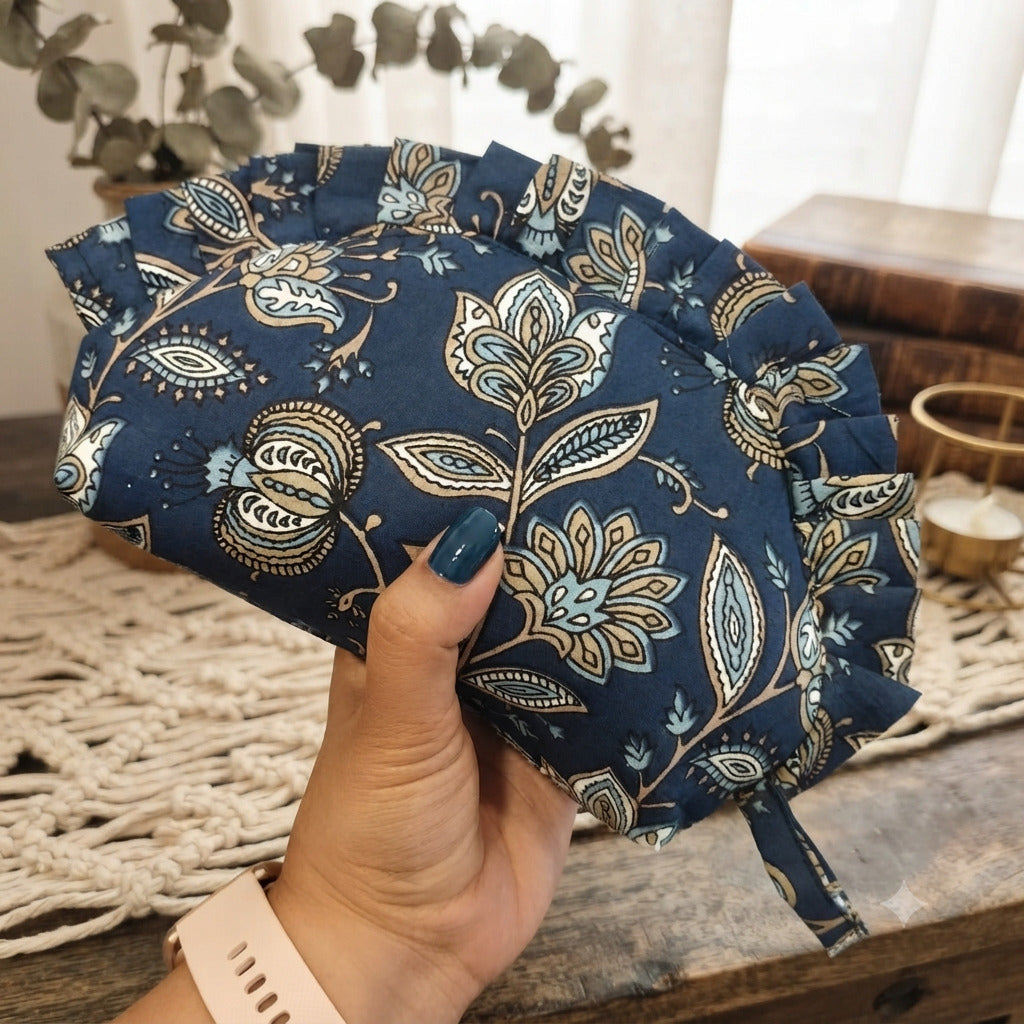 Frill Purse- Navy Floral Kalamkari