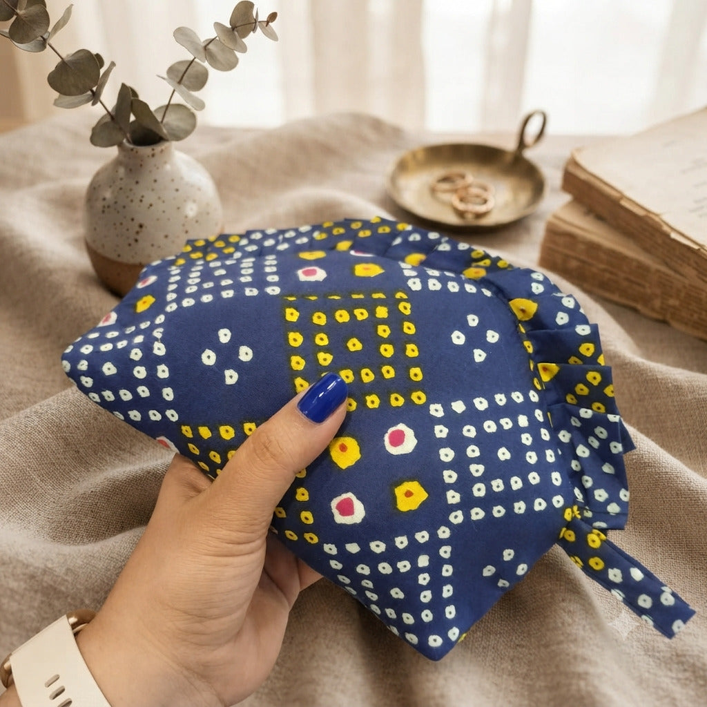 Frill Purse- Indigo Bandhani printed